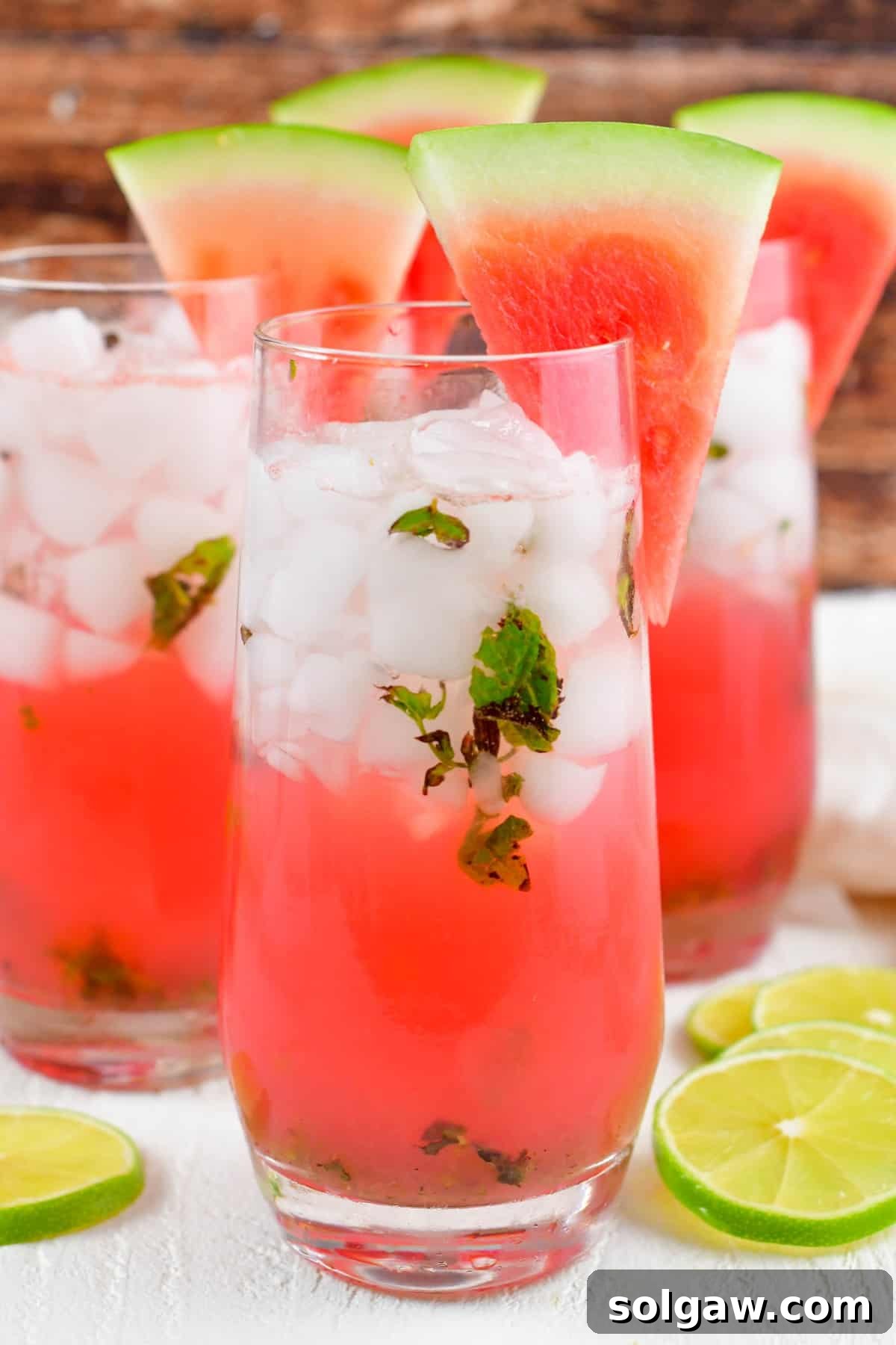Watermelon Mojito garnished with mint and lime