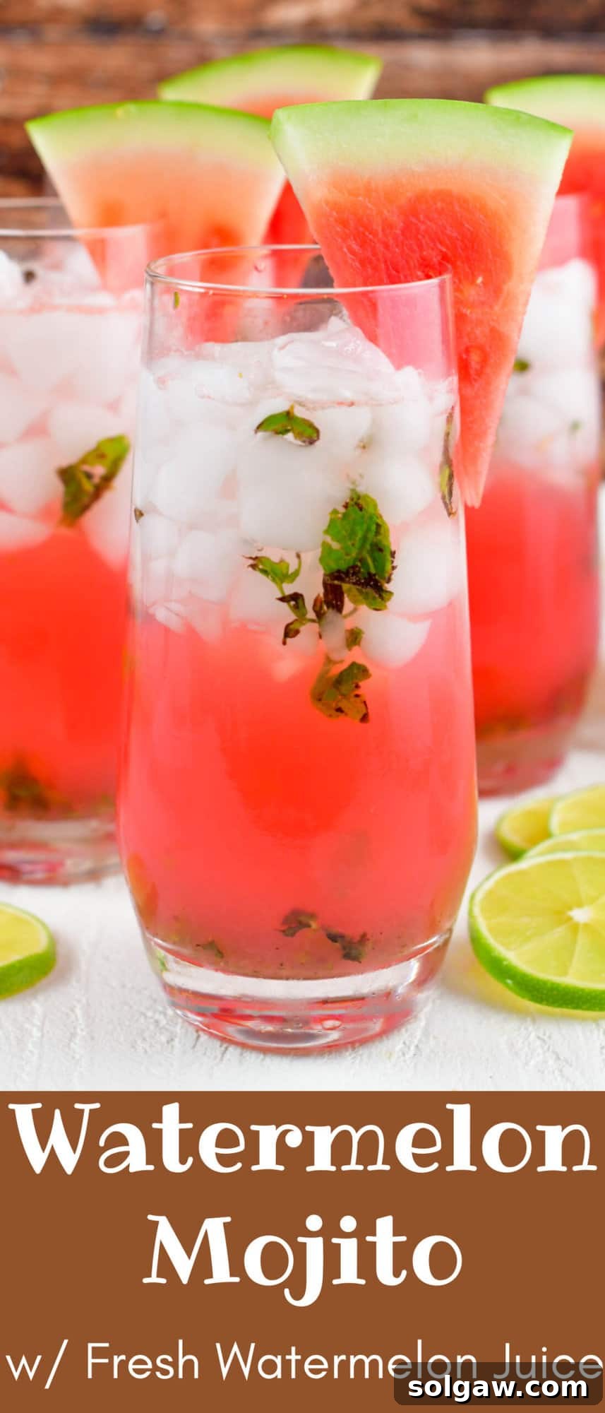 Collage of close-up Watermelon Mojito and recipe title