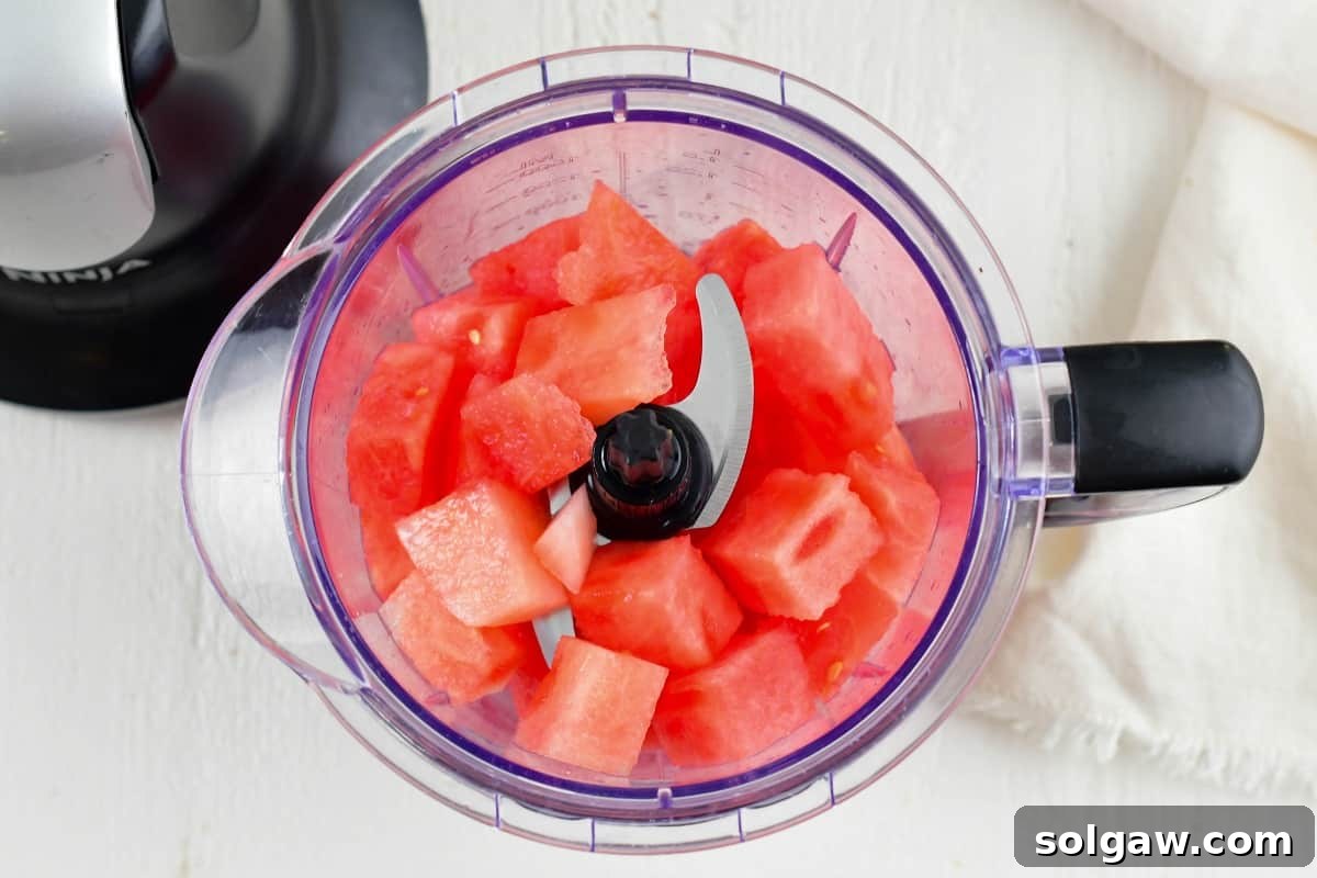 Watermelon chunks in a blender, ready for blending