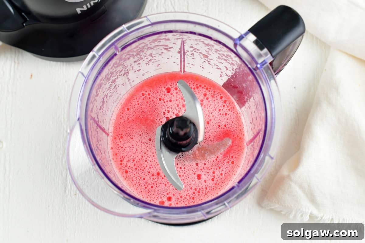 Blended watermelon chunks, now a smooth puree in a blender