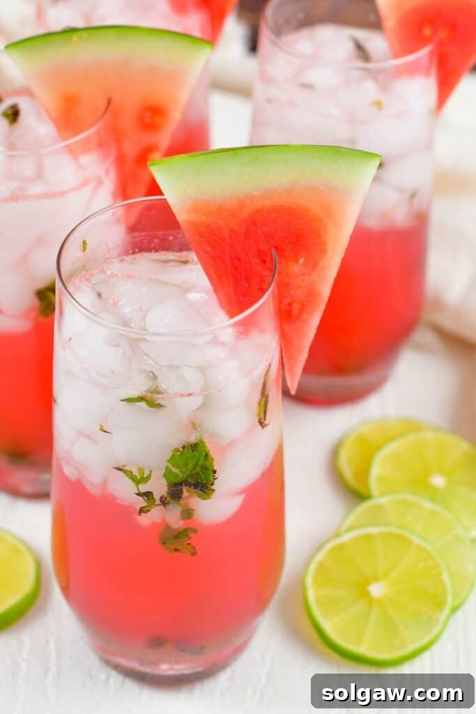 Top view of a garnished Watermelon Mojito in a glass
