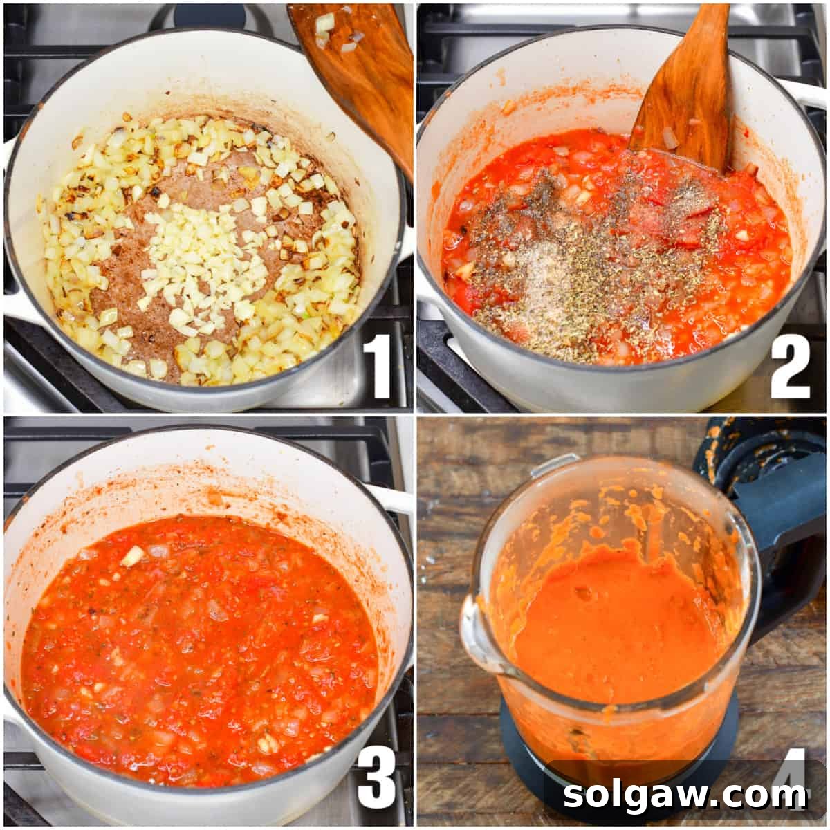 A four-panel collage showing the process of cooking the tomato base for bisque: sautéing onions, adding tomatoes and seasonings, simmering, and blending the mixture.