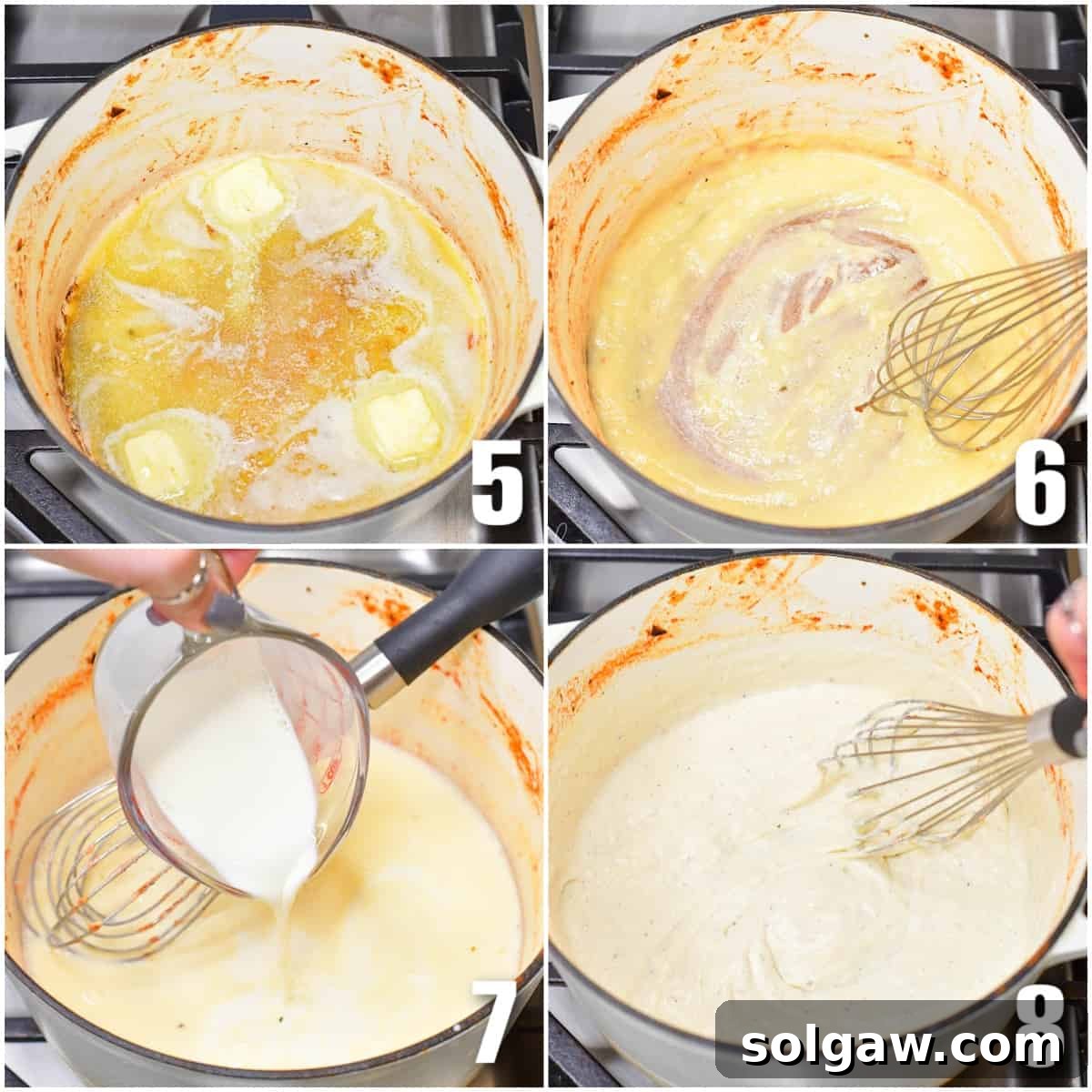A four-panel collage illustrating the creation of the creamy roux in a pot: melting butter, whisking in flour, slowly adding milk and cream, and thickening the Béchamel sauce.