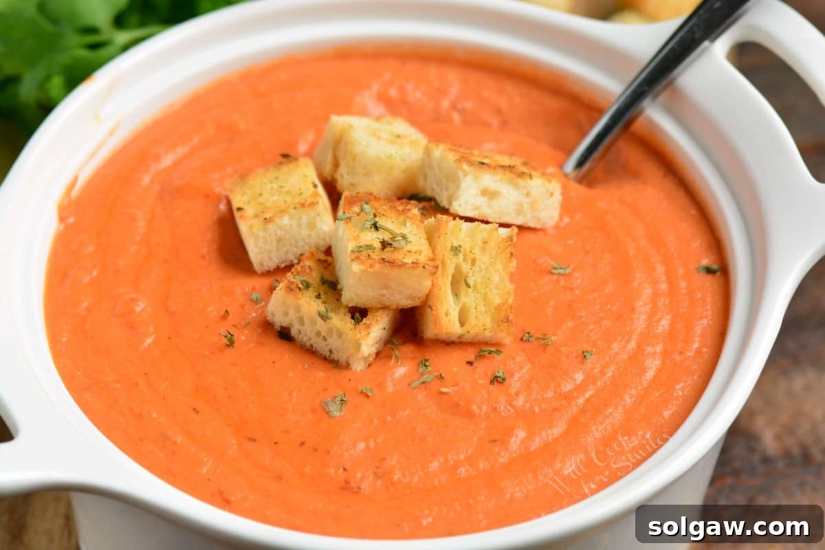 A beautiful bowl of creamy tomato bisque, garnished generously with homemade croutons, with a spoon resting elegantly beside it.