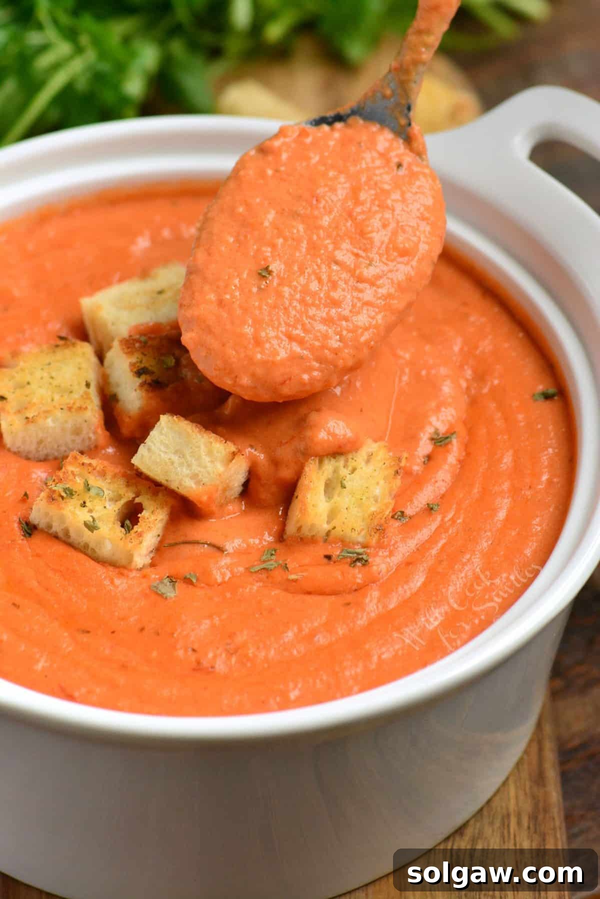A close-up shot of creamy tomato bisque in a bowl, with a spoon scooping a perfect spoonful, showcasing its smooth texture and rich color.