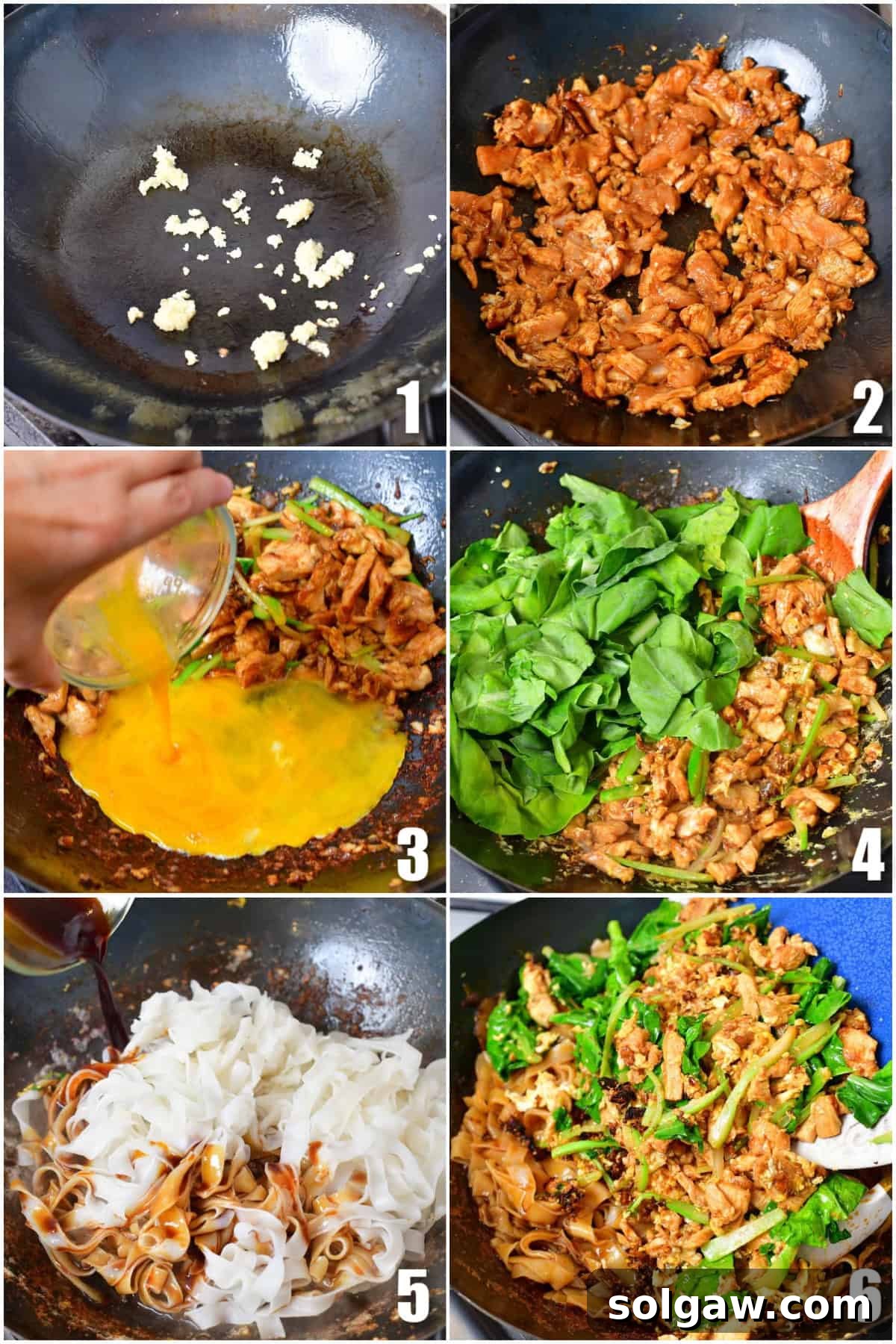 A six-image collage showing the step-by-step cooking process of making chicken, vegetables, and noodles for Pad See Ew Thai noodles in a wok.