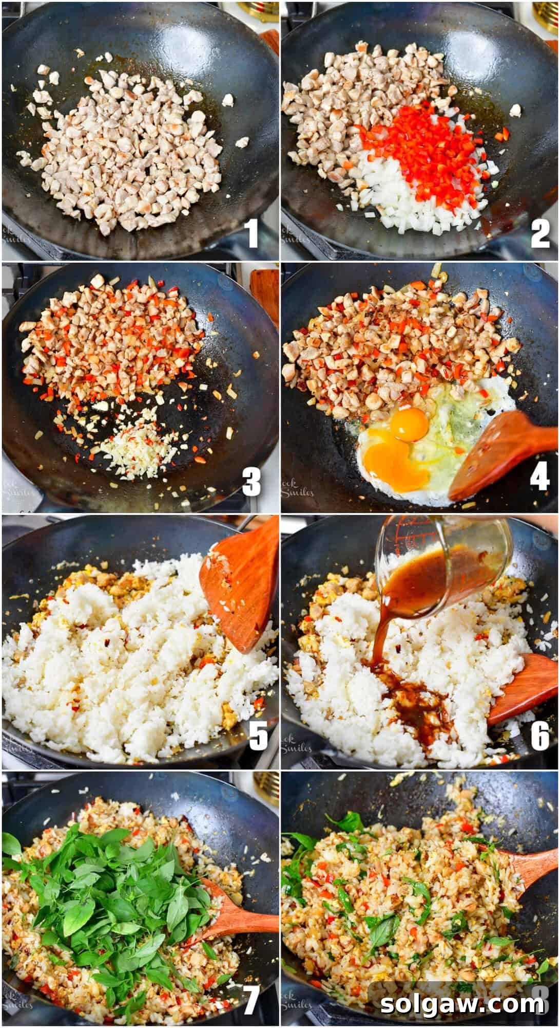 A collage of eight sequential images illustrating the cooking process of Thai Basil Fried Rice, from sautéing chicken and vegetables to mixing in rice and basil, all in a wok.