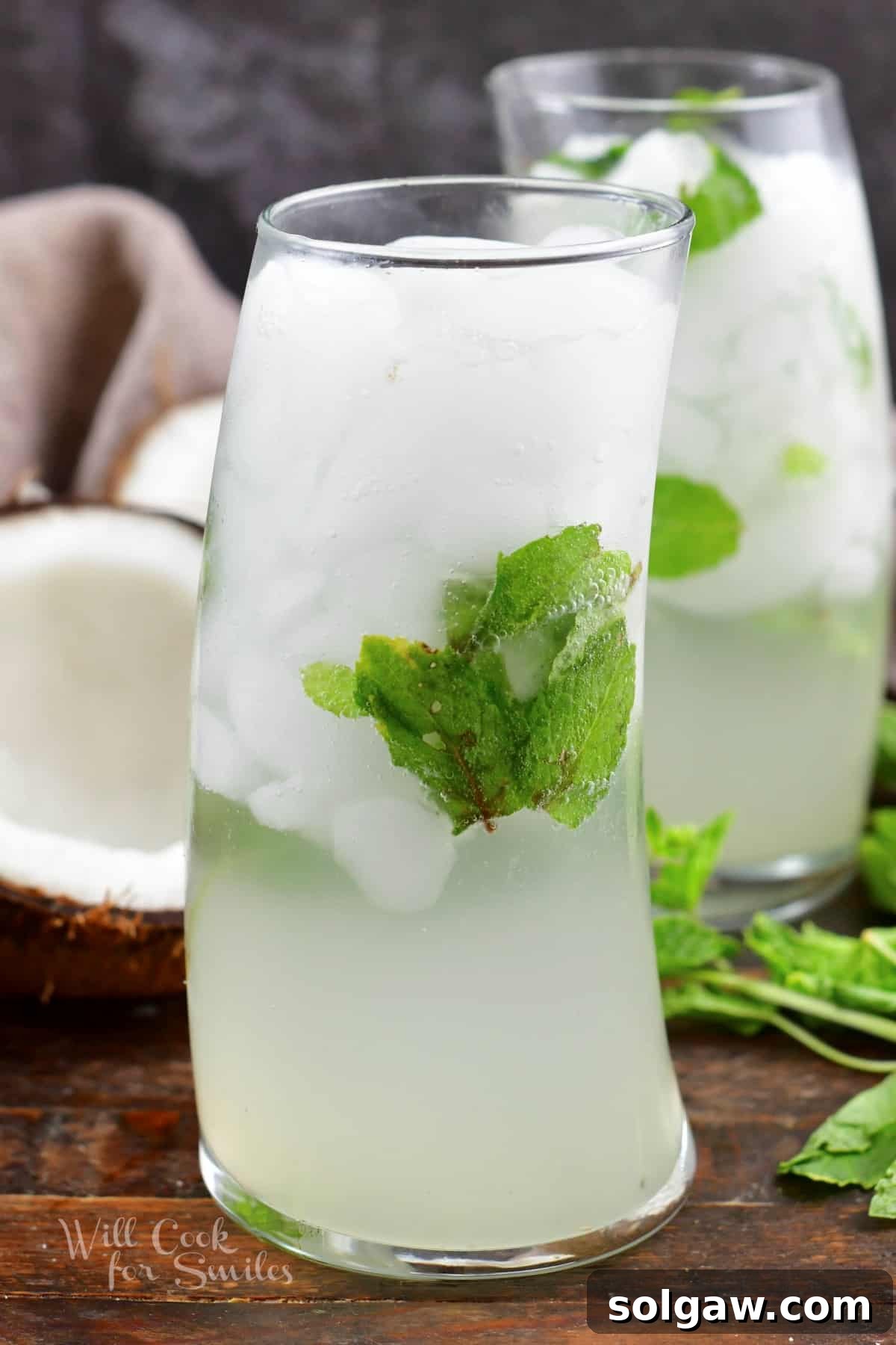Two tall glasses filled with a white coconut mojito, garnished with fresh mint leaves and lime slices.