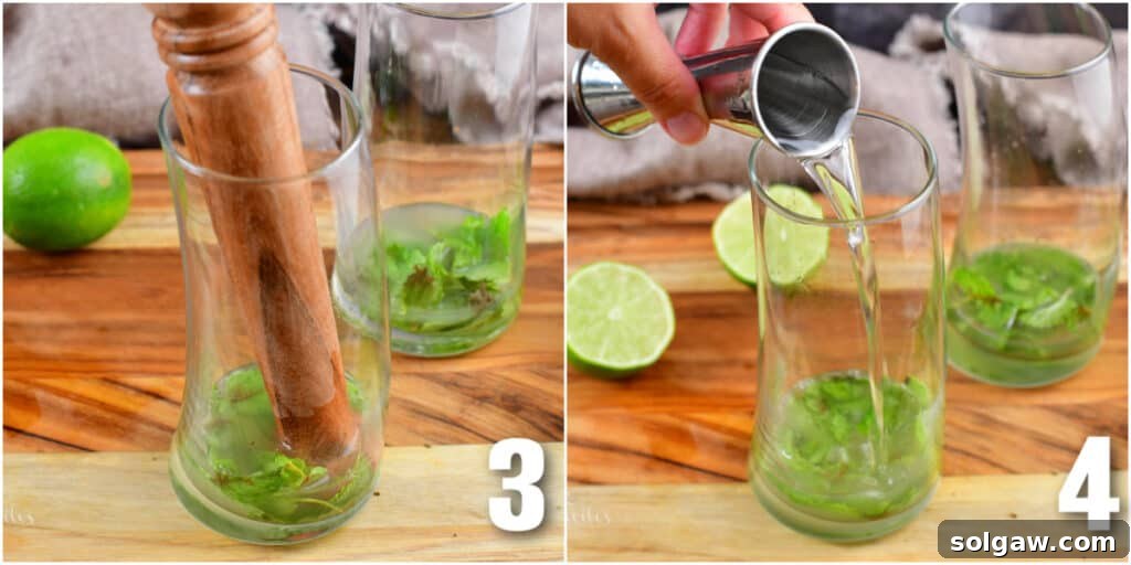 Muddling mint and lime juice in a glass, followed by adding coconut rum.