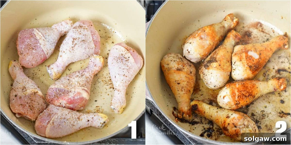 two image collage of searing chicken in the Dutch oven.