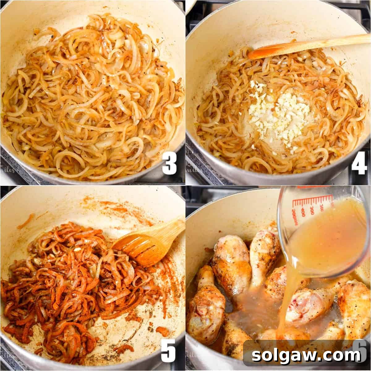 collage of four images of searing onions, garlic, and paprika then adding chicken and stock.