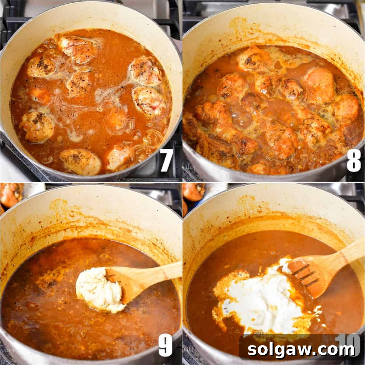 collage of four images of slowly cooking chicken in paprika broth and then thickening and adding sour cream.