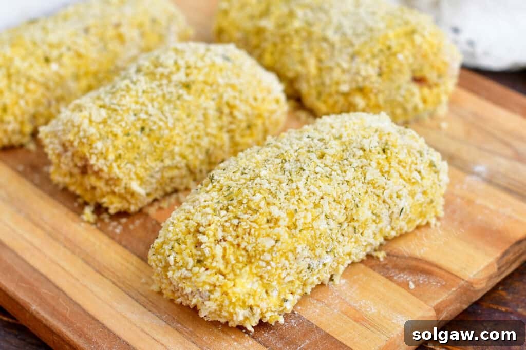 Four perfectly breaded Chicken Kiev pieces, ready to be cooked, arranged neatly on a tray.