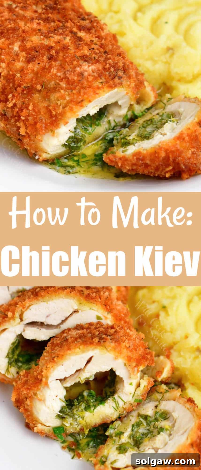 Titled photo collage for Pinterest: How to Make Chicken Kiev, with images of the preparation process.