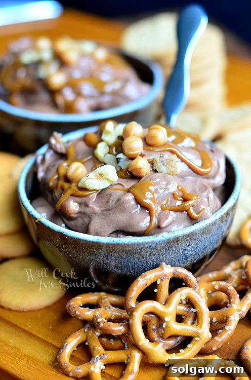 Chocolate Fruit Dip in a blue bowl with pretzels to the right