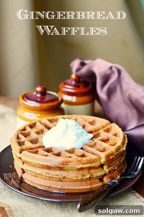 ginger bread waffles with whipped cream on top on a black plate with a fork to the right