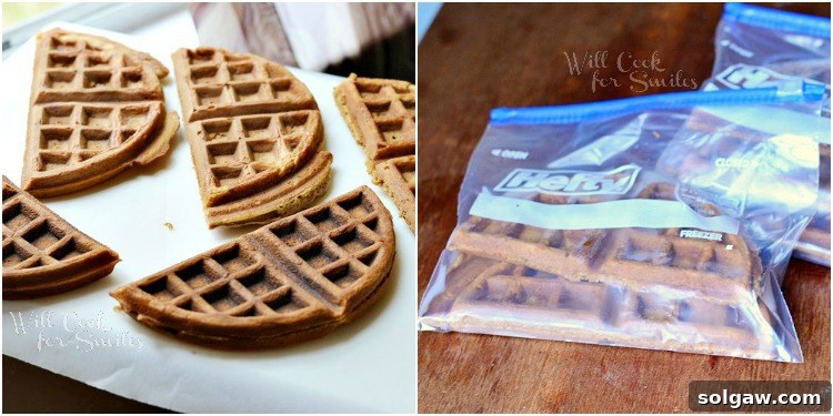 waffles cut in half and 2nd photo waffles in a zip lock freezer bags