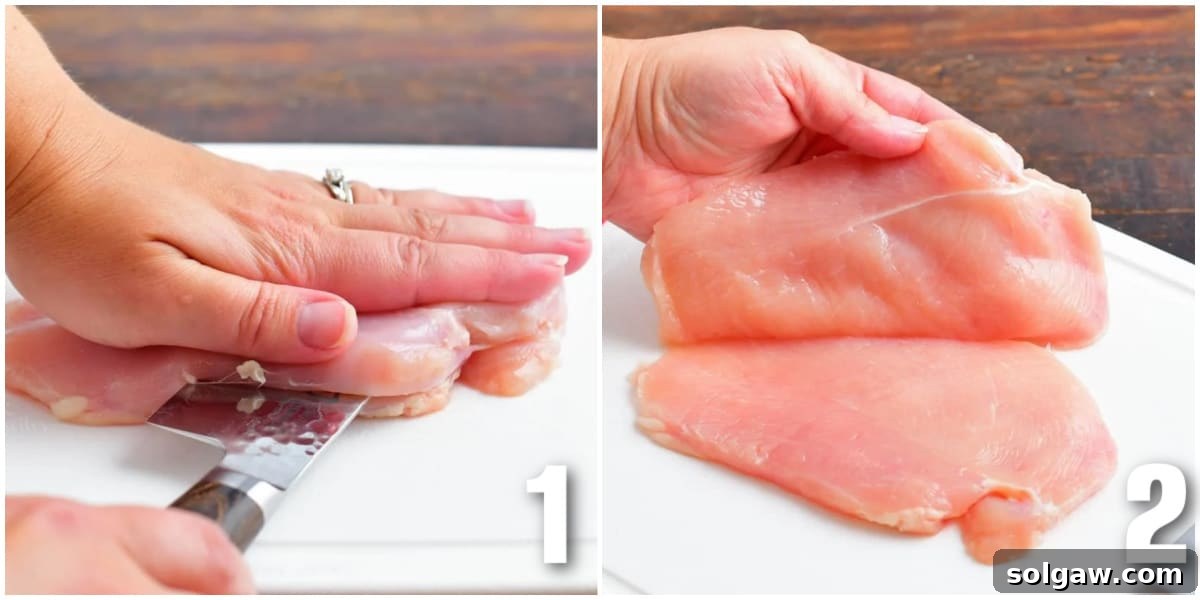 collage of two images of cutting the chicken breasts to make chicken cutlets.