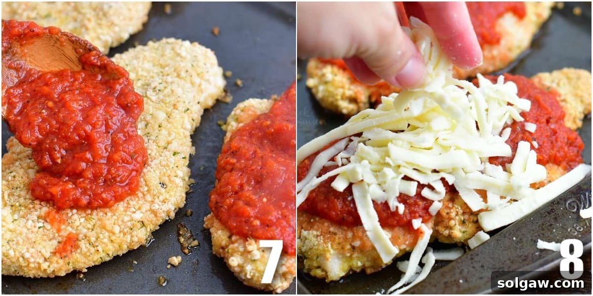 collage of two images of adding pasta sauce to the baked chicken and mozzarella cheese.