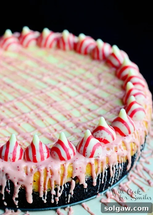 Oreo Crunch Peppermint Cheesecake 6 Peppermint Cheesecake with peppermint kisses along the outside and with Oreo Cake Crust