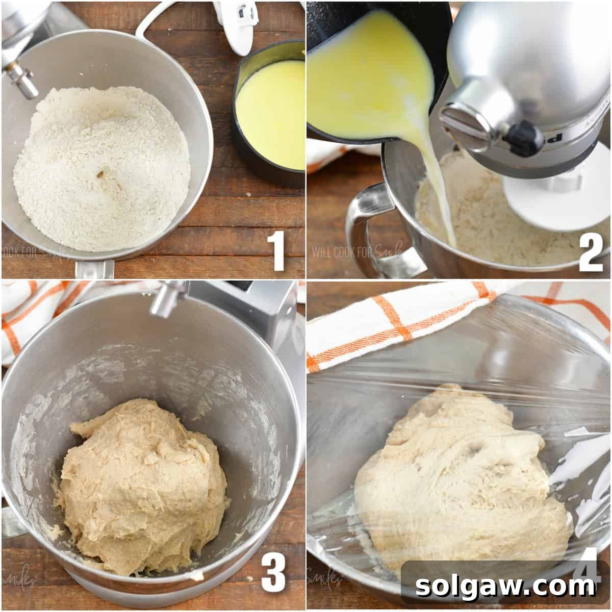 A four-image collage demonstrating the steps of making the dough for monkey bread: mixing ingredients, kneading, transferring to a bowl, and the dough rising.