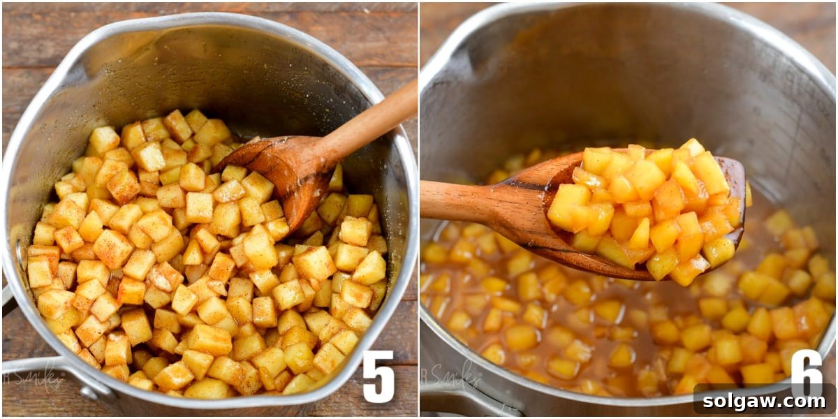 A two-image collage showing the apple pie topping ingredients before cooking and the cooked, saucy apple filling ready for assembly.