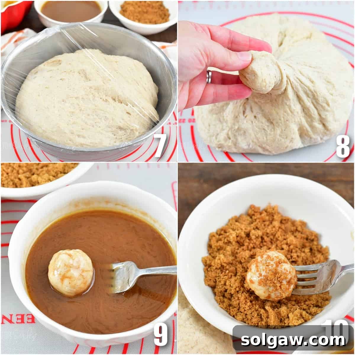 A four-image collage showing the raised dough, pinching off small dough balls, dipping them in apple syrup, and rolling them in brown sugar mixture.