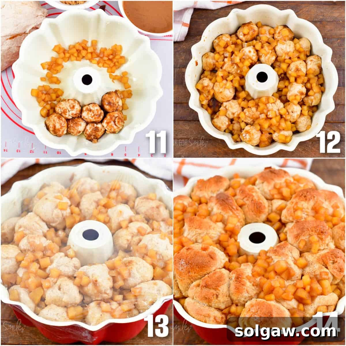 A four-image collage showing the layers of dough balls and apple topping in the Bundt pan, the covered pan rising, and the baked monkey bread in the pan.