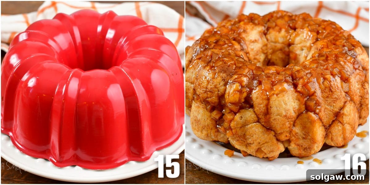 A two-image collage showing the Bundt pan inverted onto a serving plate, and the finished apple pie monkey bread on the plate, ready to be enjoyed.