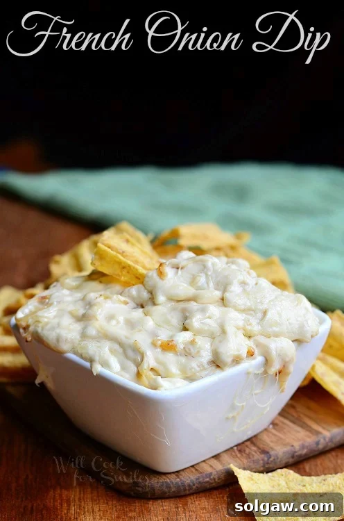 Golden Caramelized Onion Cheese Swirls 6 French Onion Dip in a white bowl, garnished with chives.