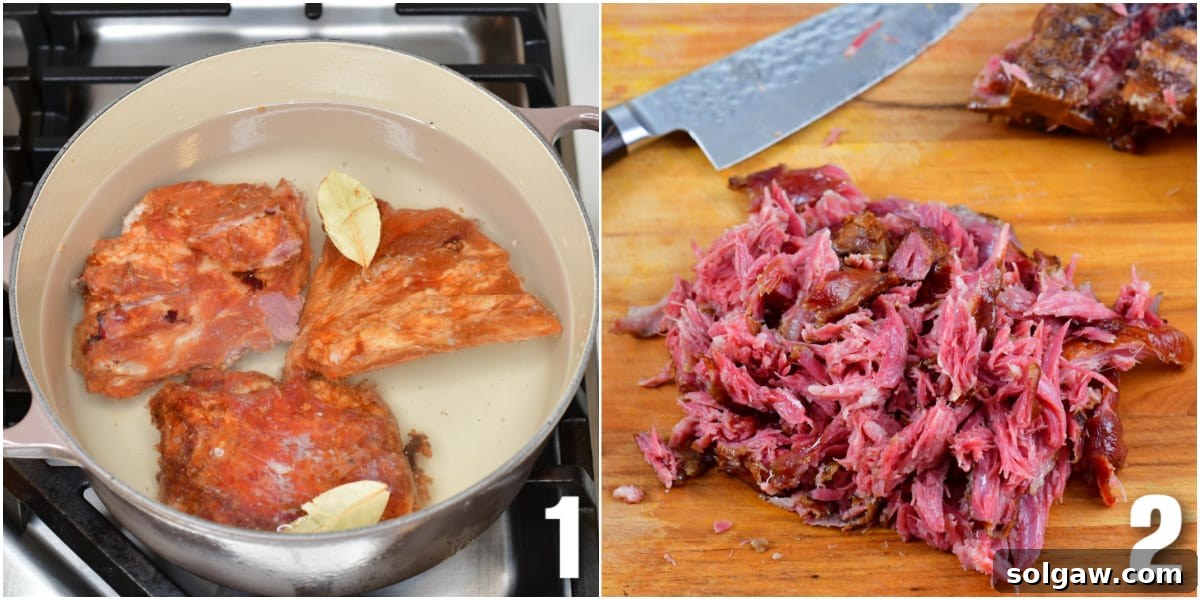 A visual guide showing the process of cooking smoked ham bones to create rich stock and then carefully removing the meat from the bones.