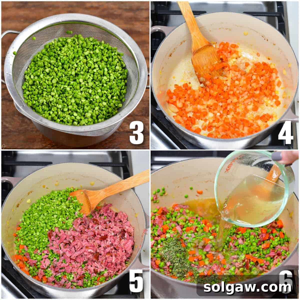 A four-image collage demonstrating the initial stages of making split pea soup, from sautéing vegetables to adding peas and stock.