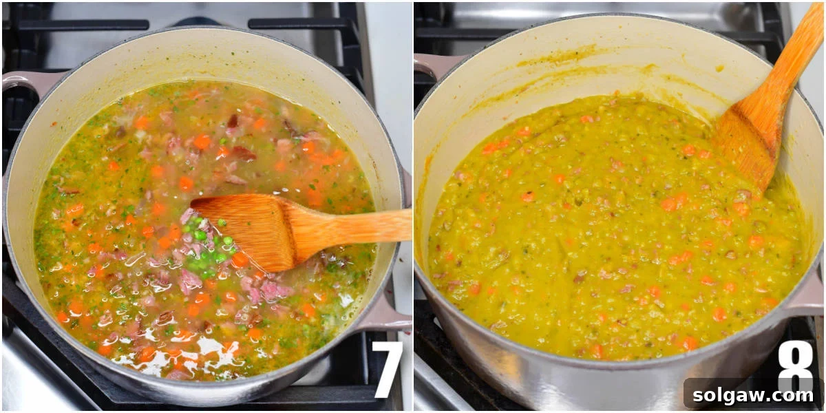 A comparison of split pea soup before and after cooking, showing the transformation from liquid ingredients to a thick, creamy soup.