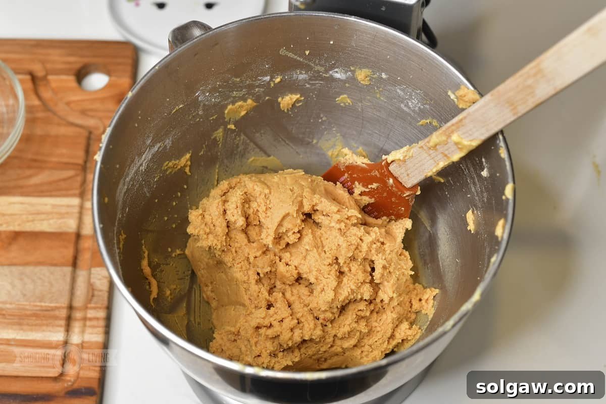 mixed peanut cookie dough in a mixer bowl.