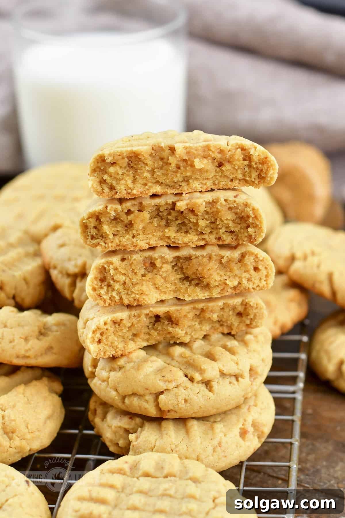 stacked peanut butter cookie halves and more around.
