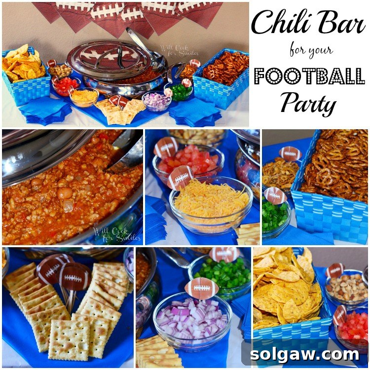 A collage of seven football-themed party food pictures, showcasing various delicious dishes perfect for game day celebrations.
