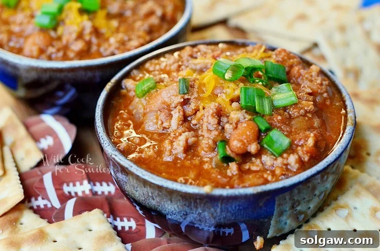 A close-up view of two small bowls of hearty boozy chili, garnished with shredded cheese and fresh chives, arranged on a blue platter with scattered crackers, emphasizing the rich texture.