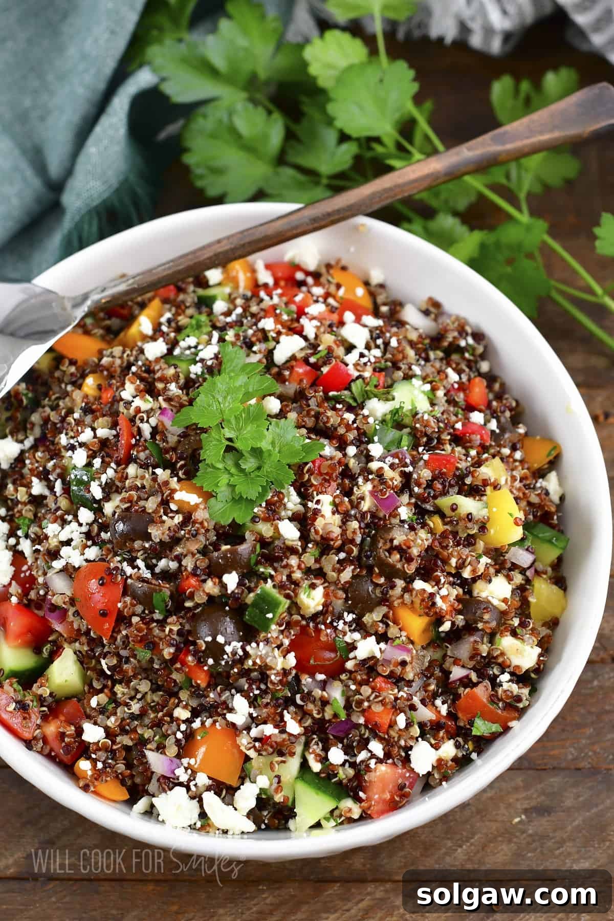 Sun-Kissed Quinoa and Feta Salad 2 top view of colorful quinoa salad in a white bowl.