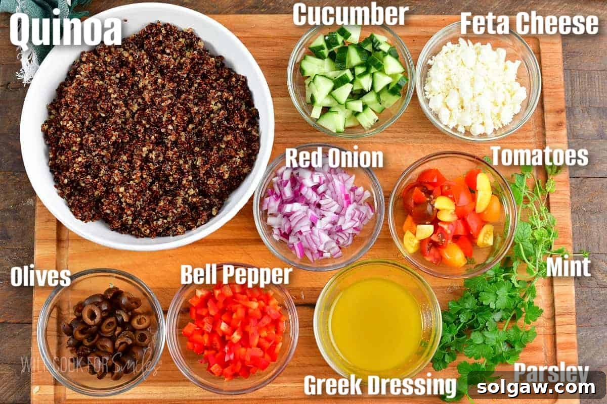 Sun-Kissed Quinoa and Feta Salad 3 labeled ingredients to make Mediterranean quinoa salad on the cutting board.