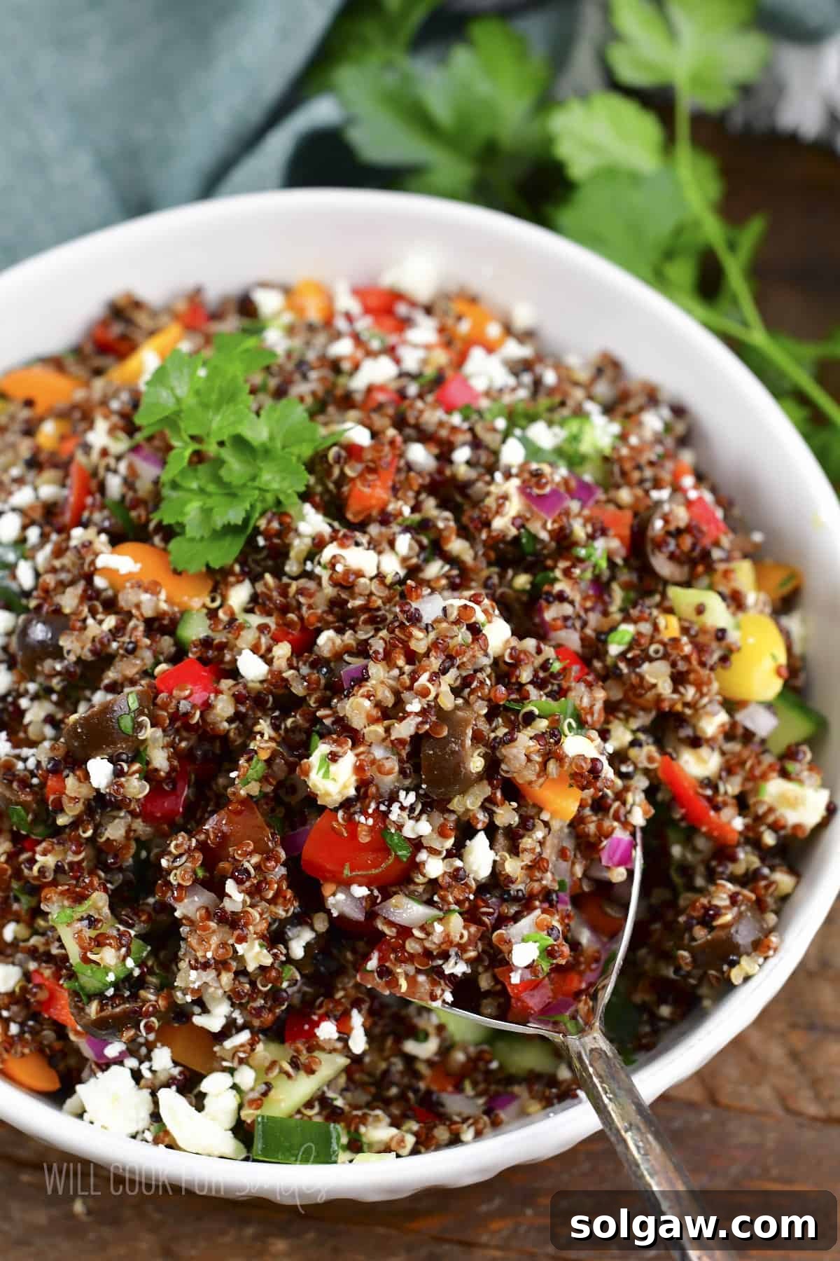 Sun-Kissed Quinoa and Feta Salad 7 starting to scoop out some quinoa salad out of the bowl.