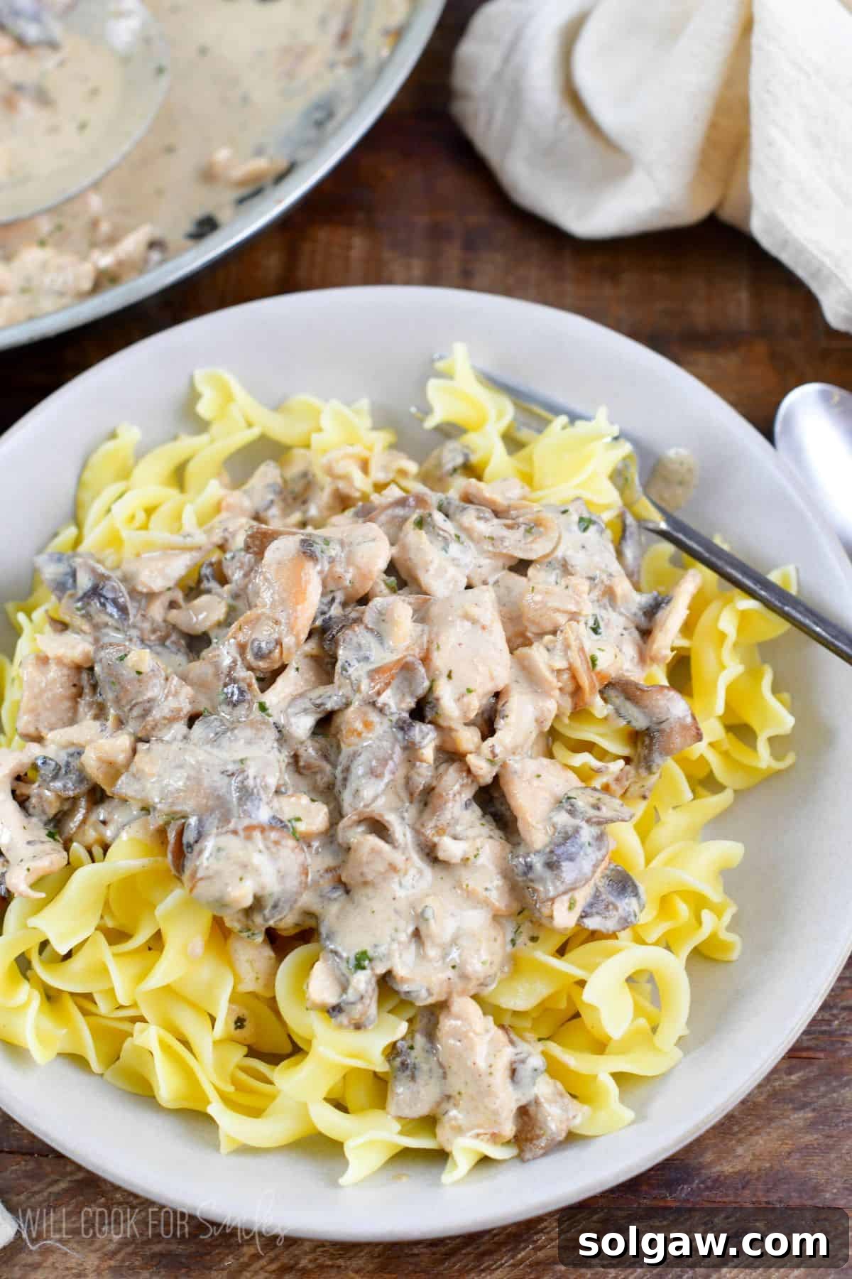 Luscious Weeknight Chicken Stroganoff 2 Chicken Stroganoff, a creamy and comforting dinner, served on a bed of noodles in a bowl with a fork.