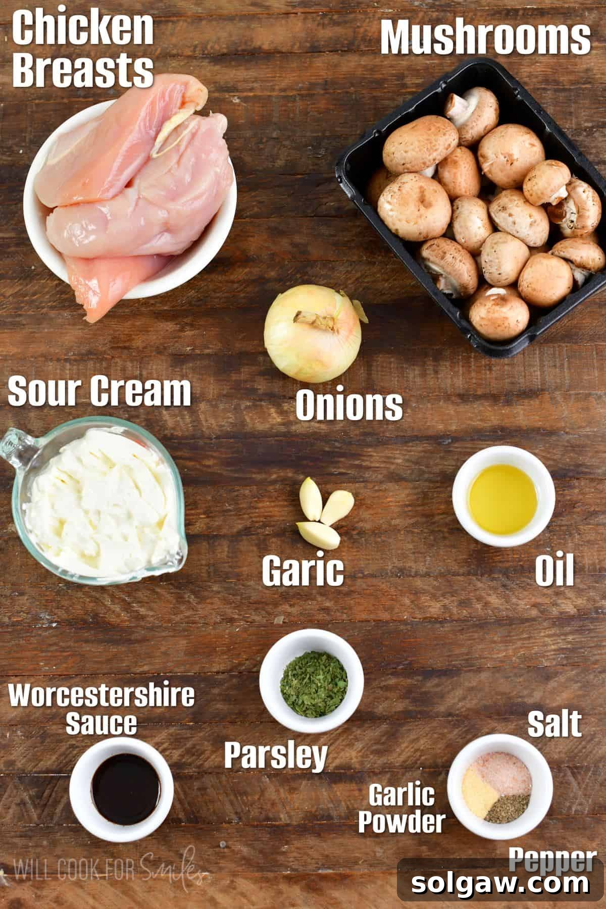 Luscious Weeknight Chicken Stroganoff 3 A selection of fresh ingredients for chicken stroganoff, including thinly sliced chicken, cremini mushrooms, Vidalia onion, fresh parsley, and a container of sour cream, artfully arranged on a rustic wood surface.