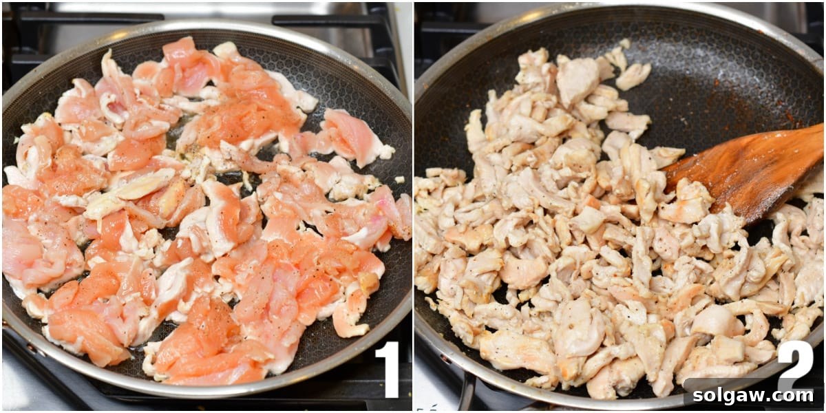 Luscious Weeknight Chicken Stroganoff 4 A two-image collage showing chicken pieces being cooked in a pan with a wooden spatula, highlighting the browning process.