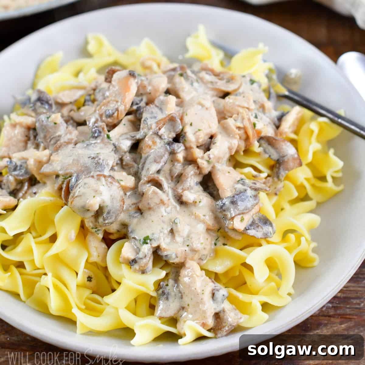 A grey bowl filled with perfectly cooked egg noodles, topped with a generous serving of creamy chicken and mushrooms, showcasing the rich texture of the stroganoff.