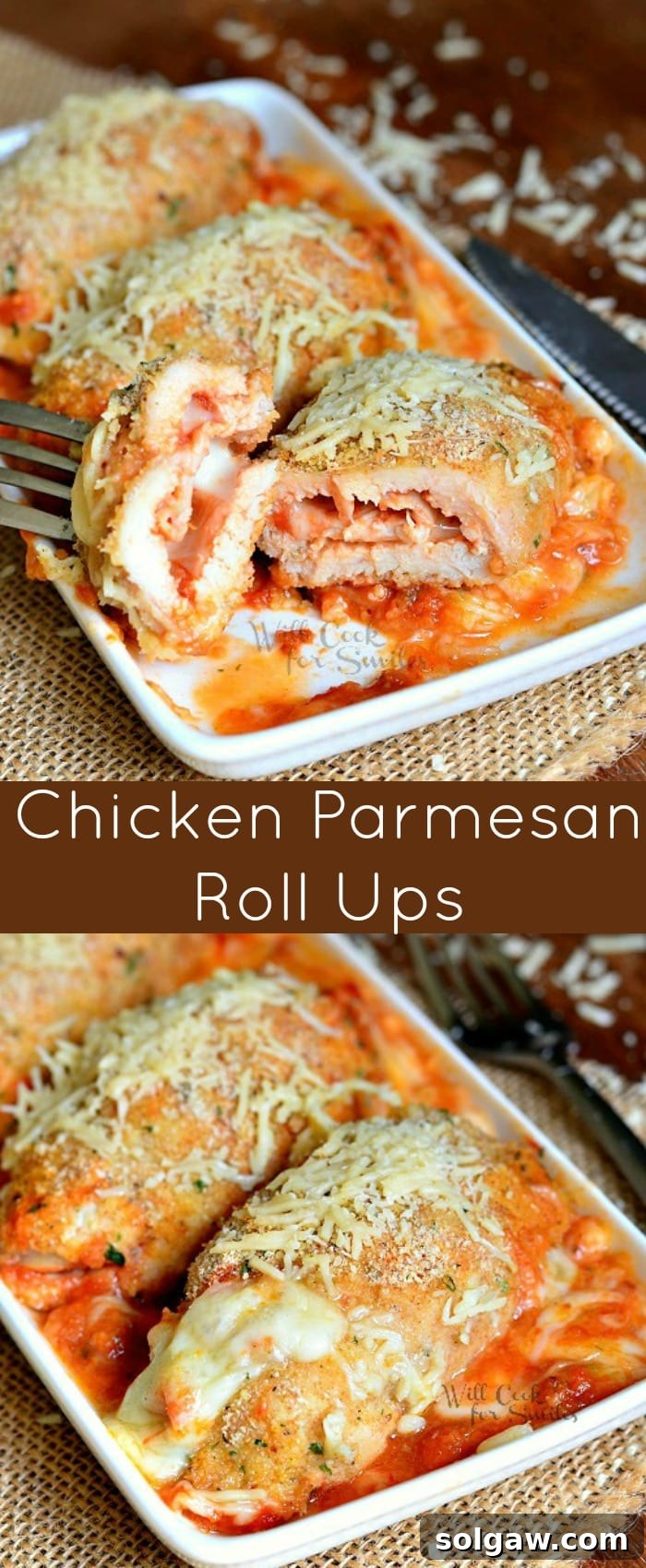 Collage of two images: top image shows a cut Chicken Parmesan Roll Up, bottom image shows full roll ups on a plate