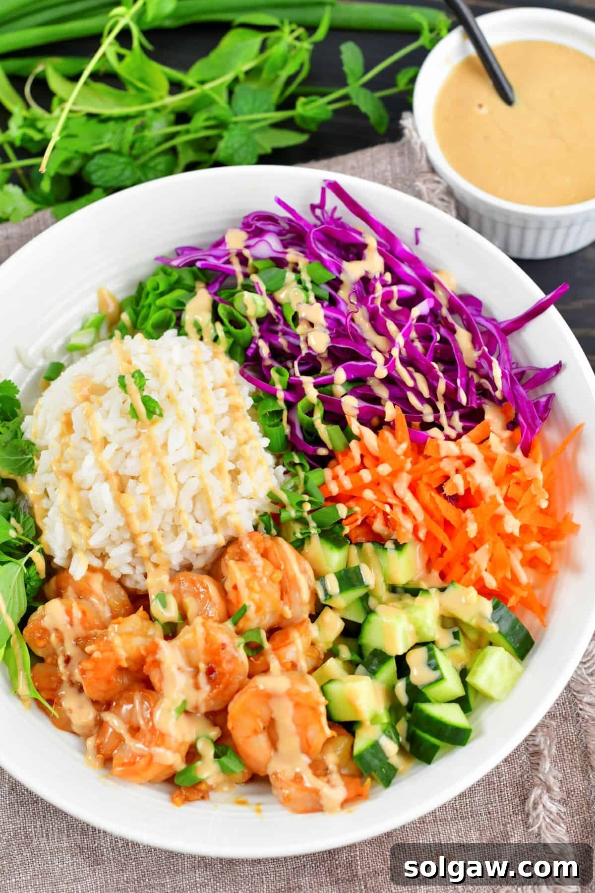 Fresh Spring Roll Bowl 2 Top view of a vibrant spring roll rice bowl featuring Thai-style shrimp, coconut rice, purple cabbage, carrots, cucumbers, and fresh herbs, generously drizzled with peanut dressing.