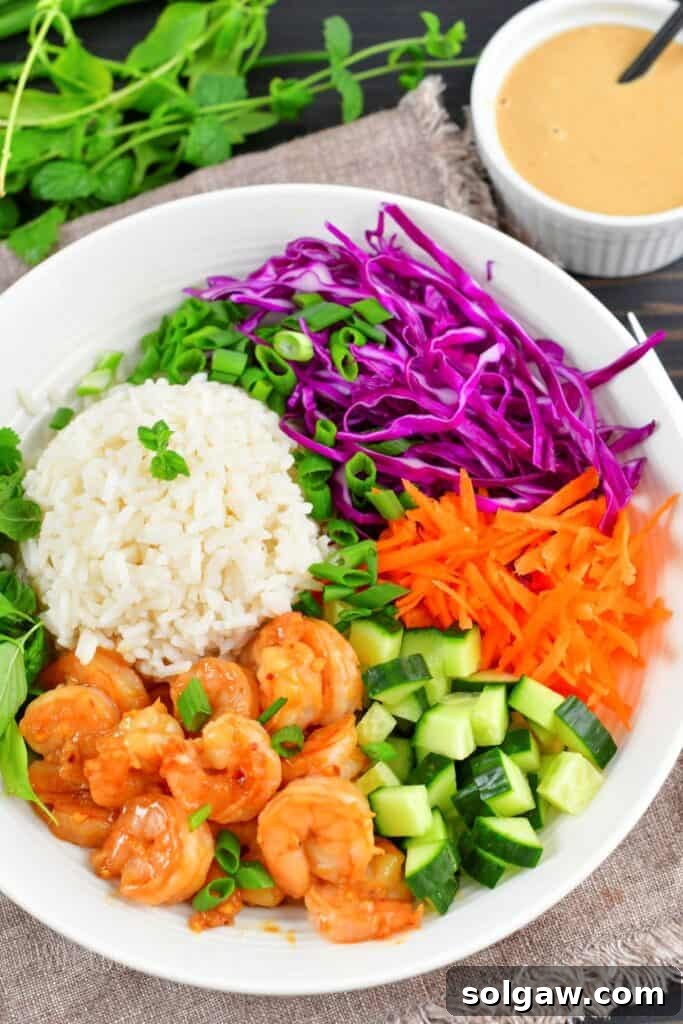 Fresh Spring Roll Bowl 9 Top view of an un-dressed spring roll rice bowl with shrimp, coconut rice, thinly sliced purple cabbage, grated carrots, and diced cucumbers, ready for the peanut dressing.
