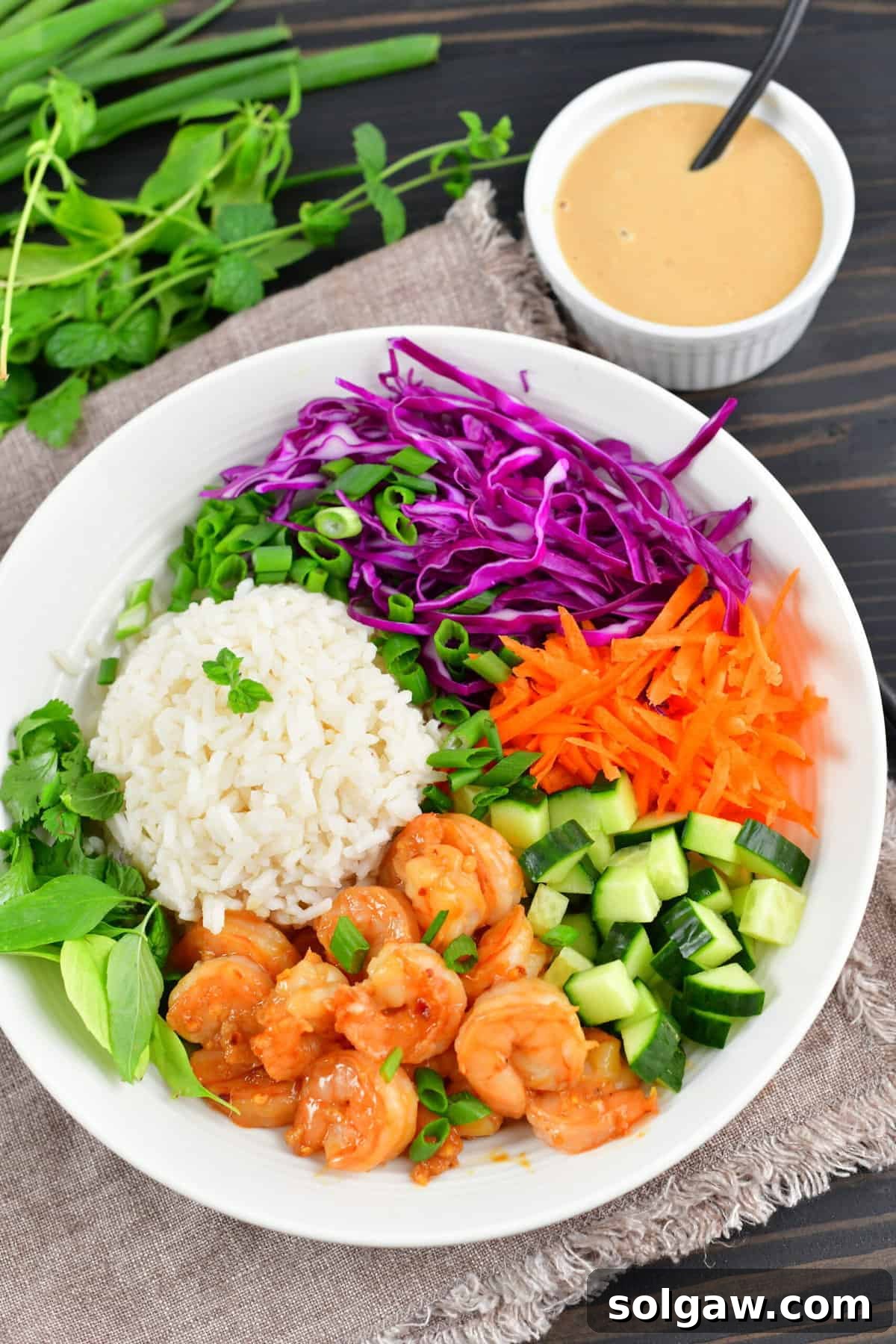 Fresh Spring Roll Bowl 10 A close-up shot of the Spring Roll Rice Bowl, showing detailed textures of ingredients.