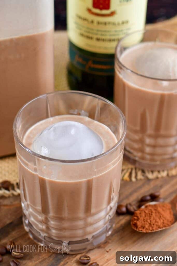 top close view of brown creamy cocktail in a glass.