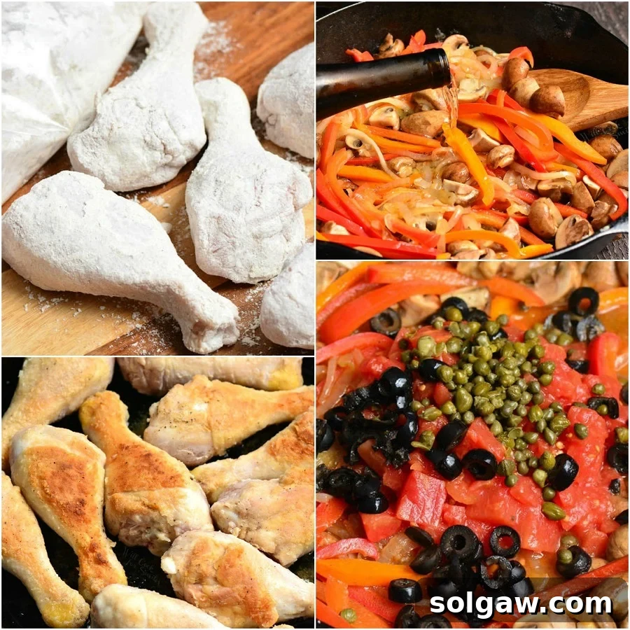 Collage showing various steps of making Chicken Cacciatore, from prep to cooking